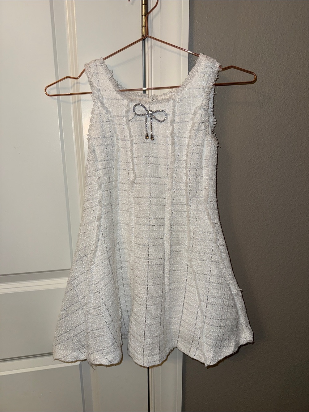 GB girls White Tweed A-Line Dress with Metallic Bow Detail